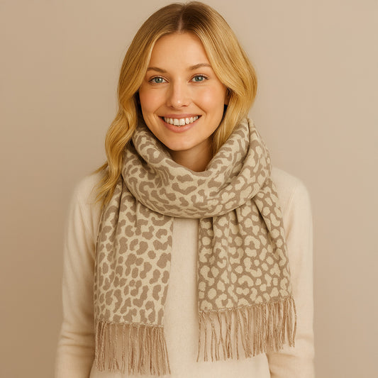 Leopard Print Fringe Scarf Ivoy