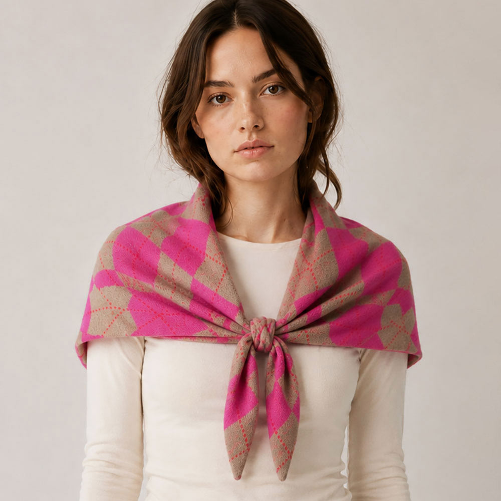 Argyle Knitted Triangle Scarf Wrap in Pink