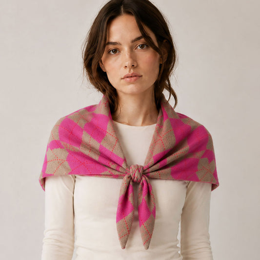 Argyle Knitted Triangle Scarf Wrap in Pink