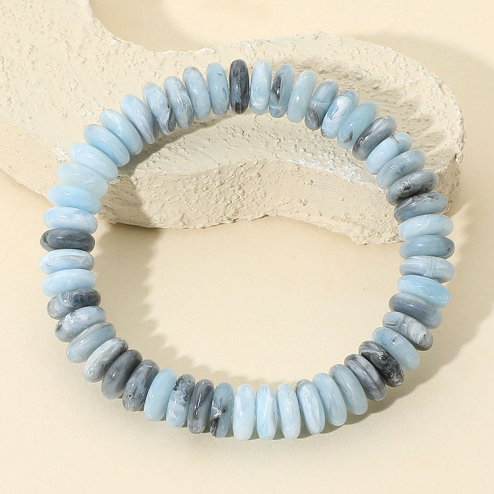 Marbled Flat Disc Beaded Stretch Bracelet in Gold & Navy