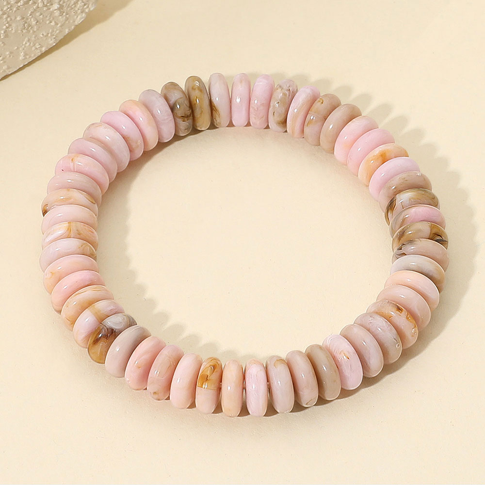 Marbled Flat Disc Beaded Stretch Bracelet in Gold & Pink