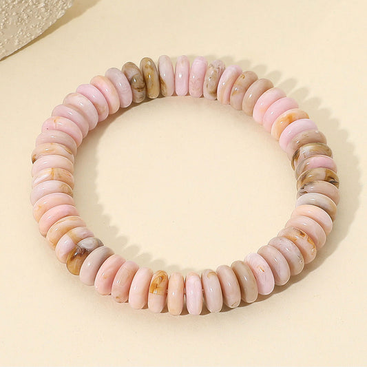 Marbled Flat Disc Beaded Stretch Bracelet in Gold & Pink