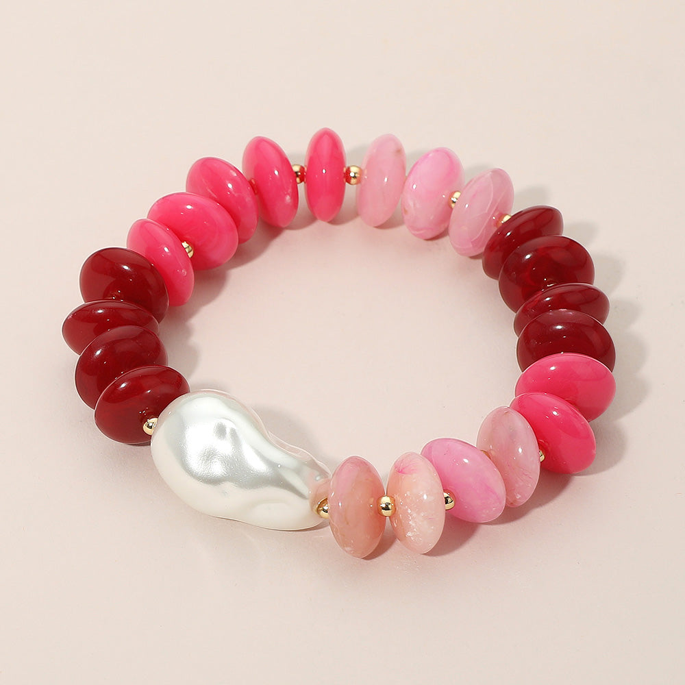 Abstract Pearl Accent Resin Pebble Beaded Stretch Bracelet in Fuchisia & Gold