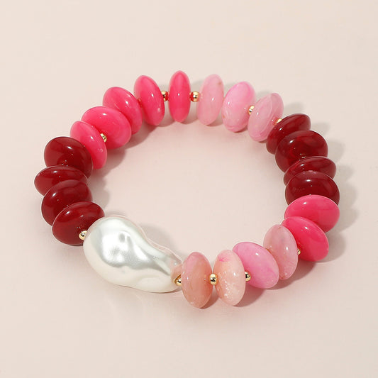 Abstract Pearl Accent Resin Pebble Beaded Stretch Bracelet in Fuchisia & Gold
