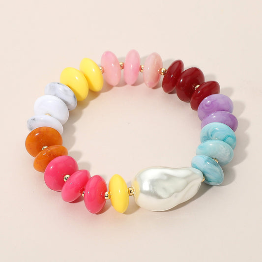 Abstract Pearl Accent Resin Pebble Beaded Stretch Bracelet in Gold & Multi