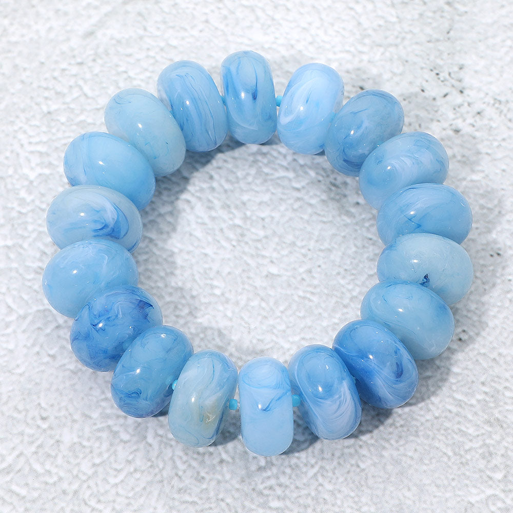 Chunky Marbled Rounded Pebble Beaded Stretch Bracelet in Gold & Light Blue