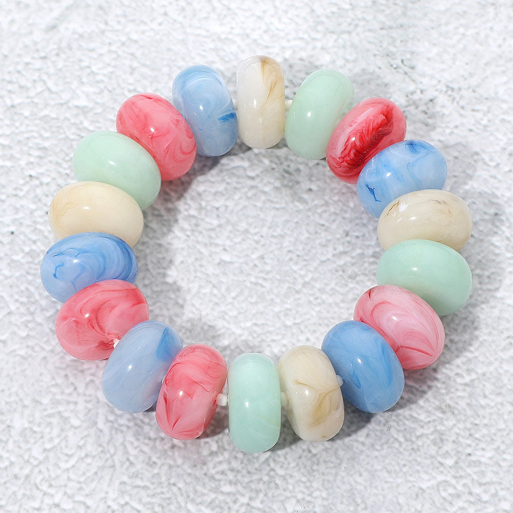 Chunky Marbled Rounded Pebble Beaded Stretch Bracelet in Gold & Multi