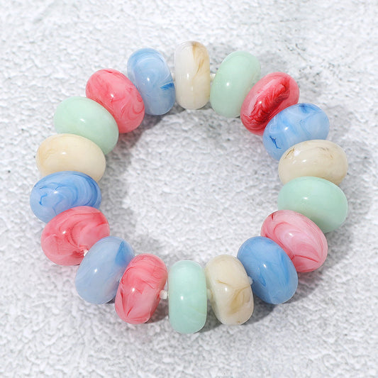 Chunky Marbled Rounded Pebble Beaded Stretch Bracelet in Gold & Multi