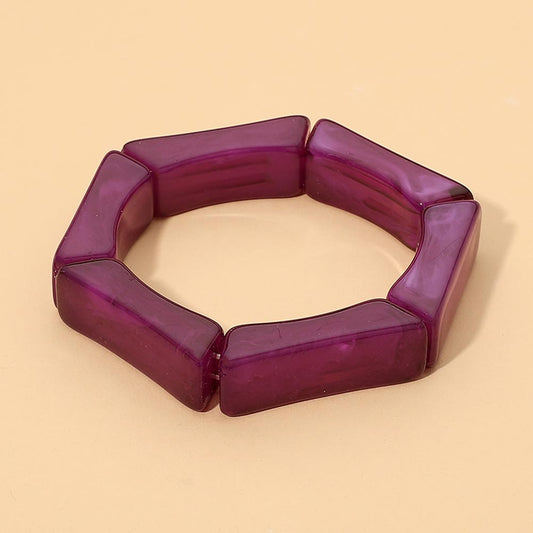 Chunky Geometric Rectangular Resin Beaded Stretch Bracelet in Purple