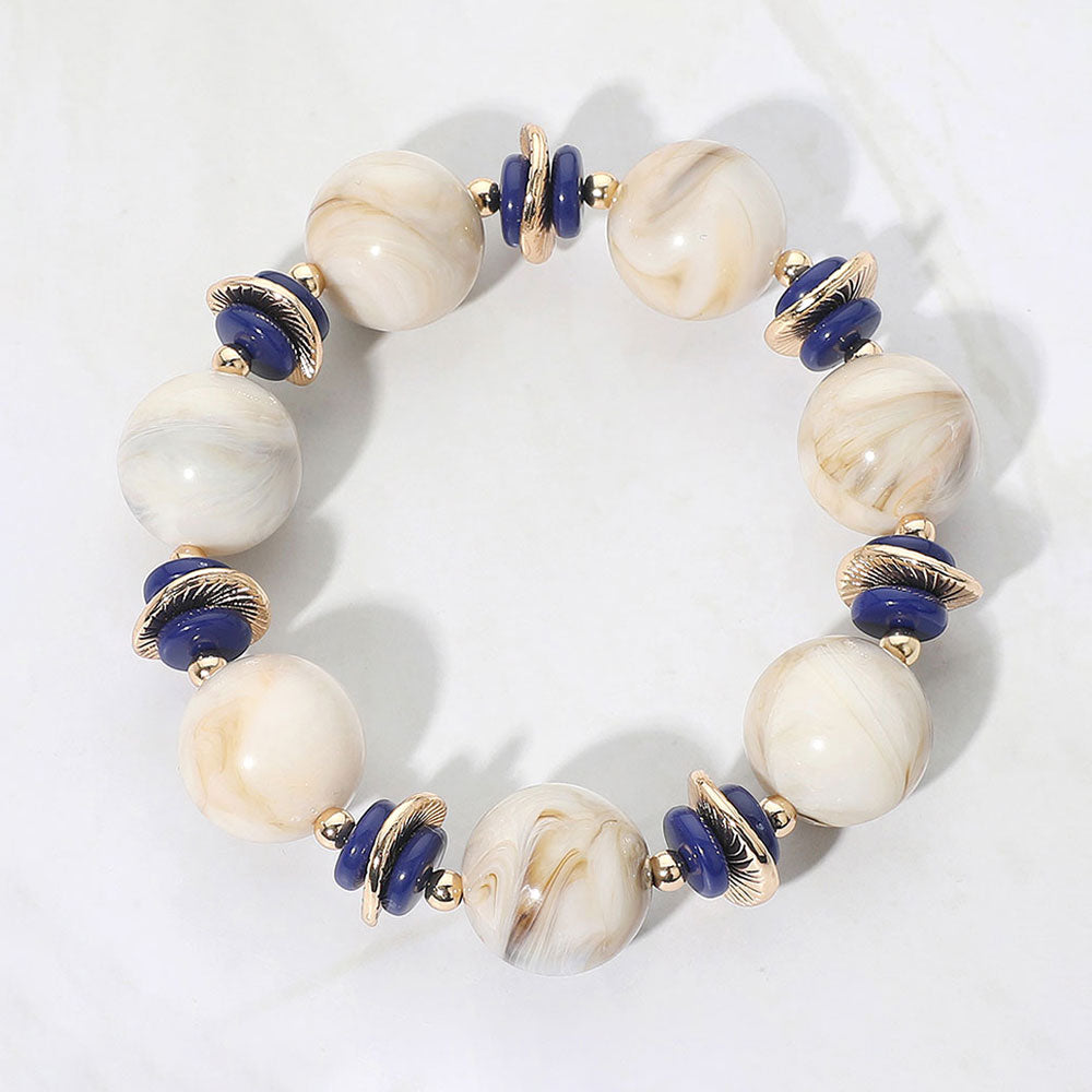 Abstract Marbled Resin Ball Beaded Stretch Bracelet in Beige & Gold