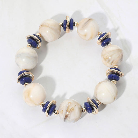 Abstract Marbled Resin Ball Beaded Stretch Bracelet in Beige & Gold