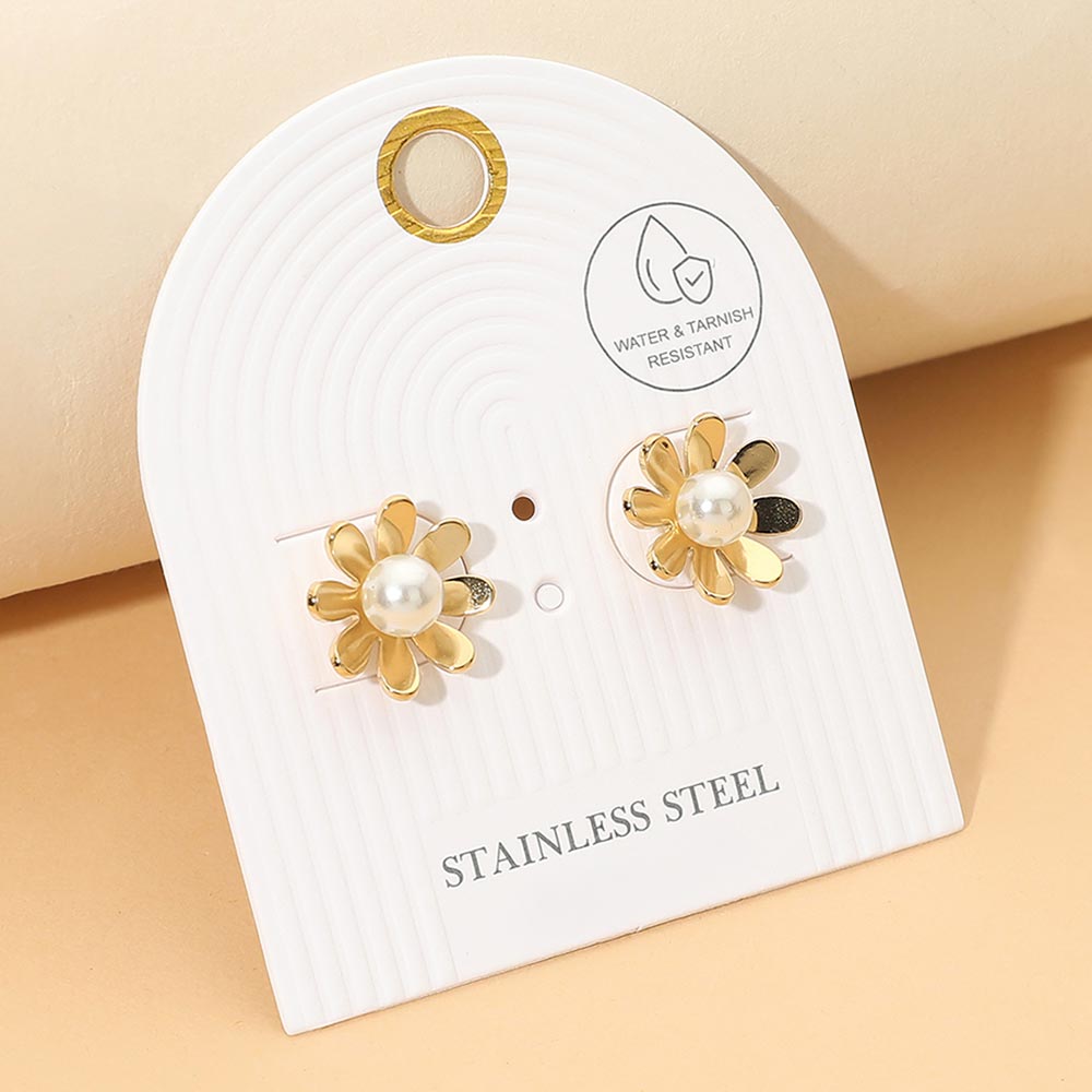 Stainless Steel Pearl Flower Stud Earrings