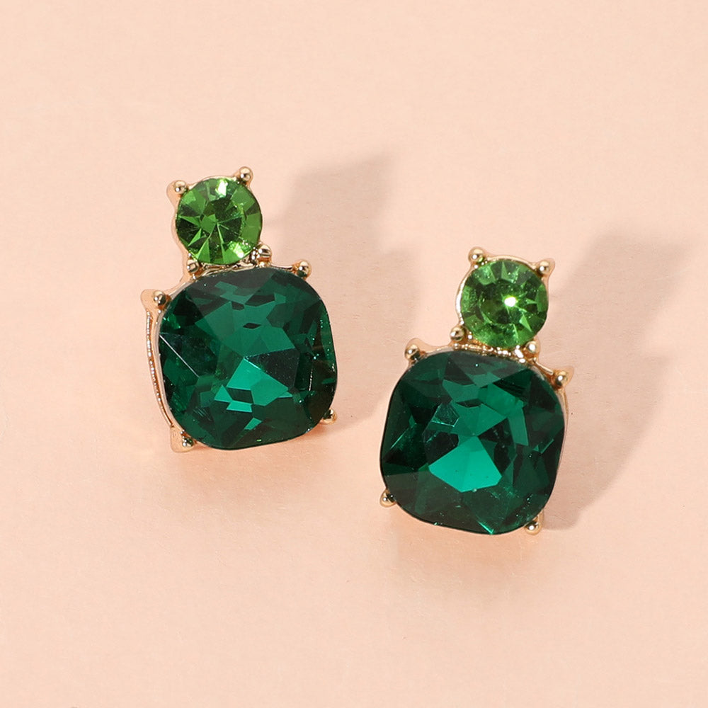 Double Cushion Cut Gem Stud Earrings in Emerald & Gold