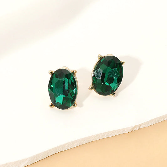 Oval Faceted Stone Stud Earrings in Emerald & Gold