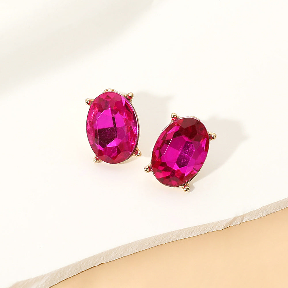 Oval Faceted Stone Stud Earrings in Fuchsia & Gold