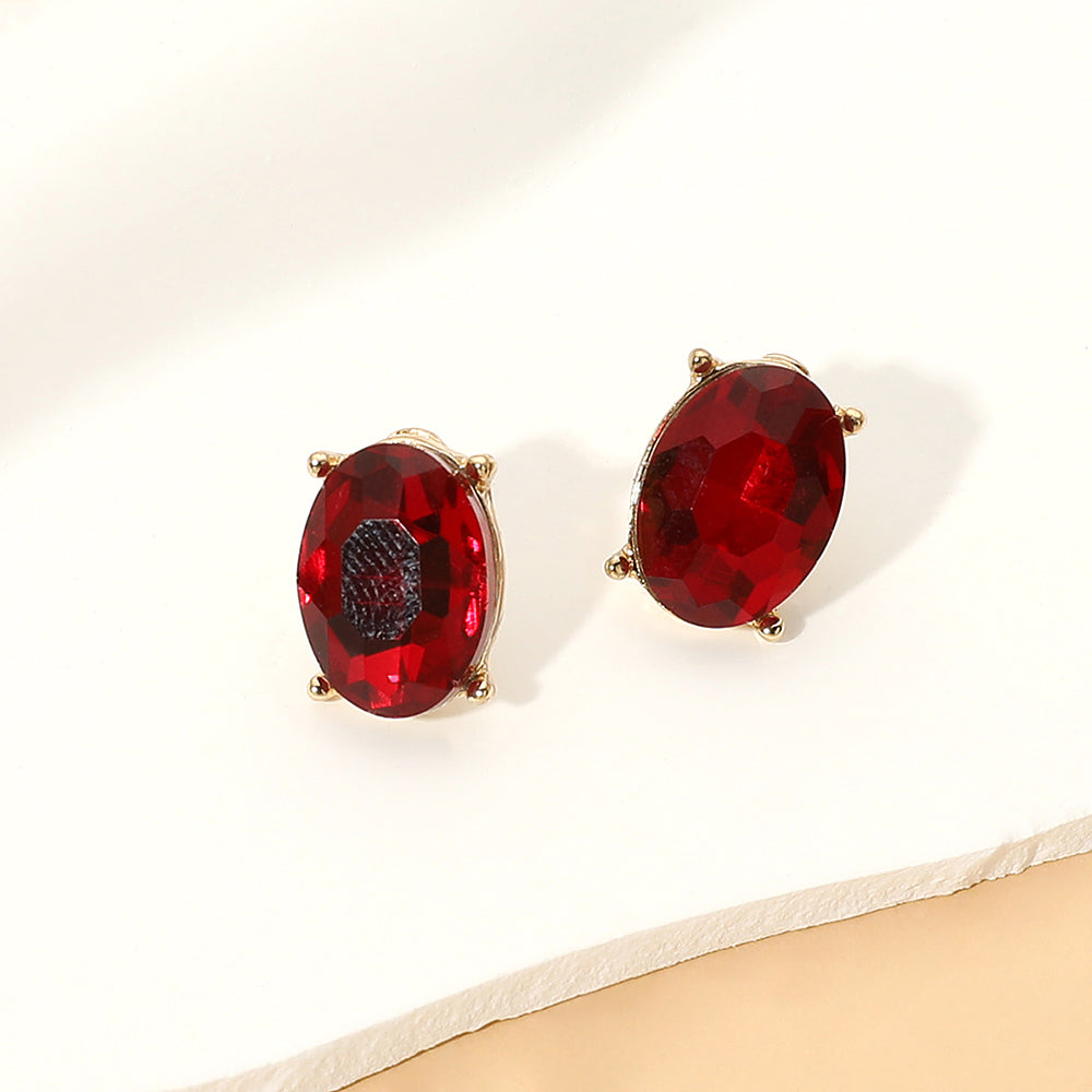 Oval Faceted Stone Stud Earrings in Gold & Siam