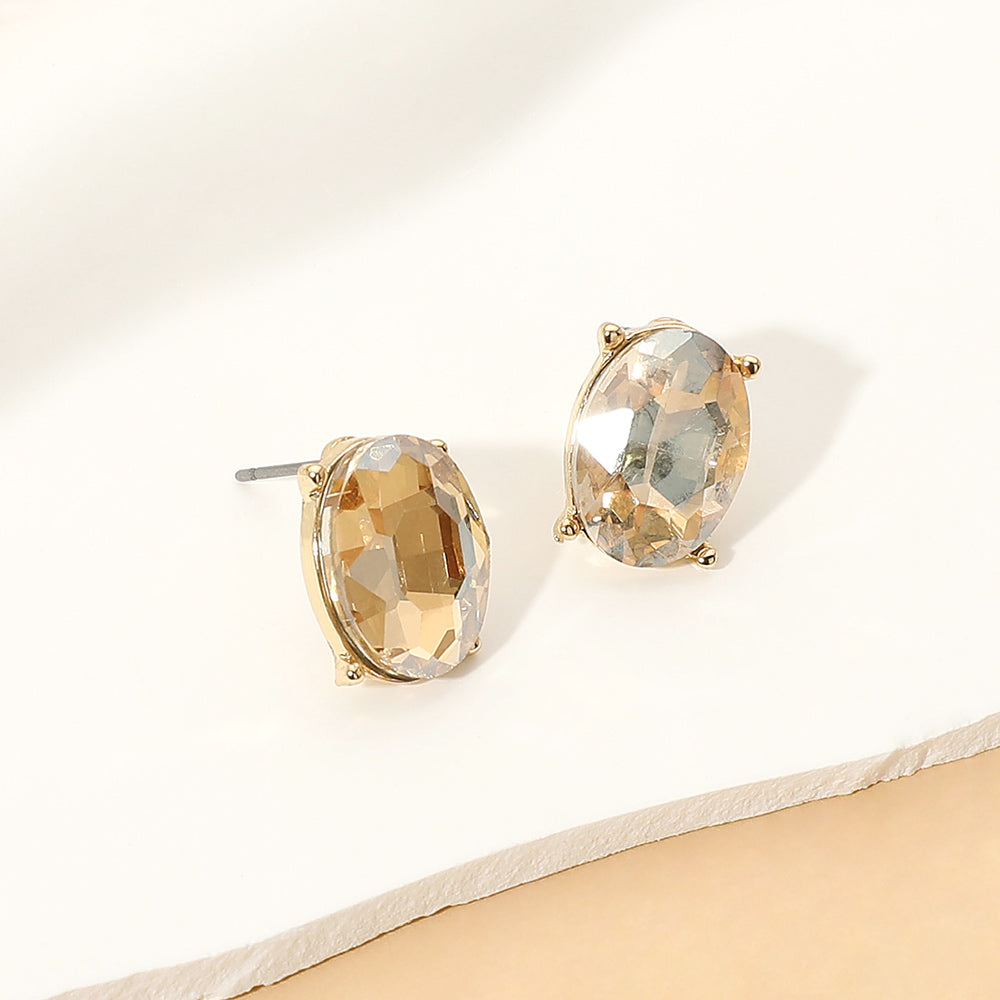 Oval Faceted Stone Stud Earrings in Gold & Topaz