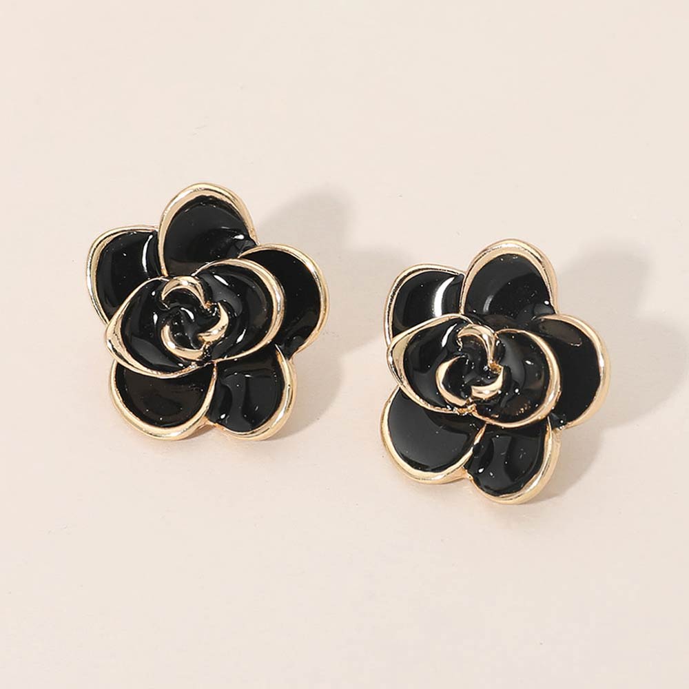 Camellia Flower Stud Earrings in Black & Gold