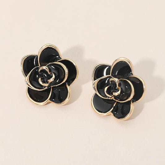 Camellia Flower Stud Earrings in Black & Gold