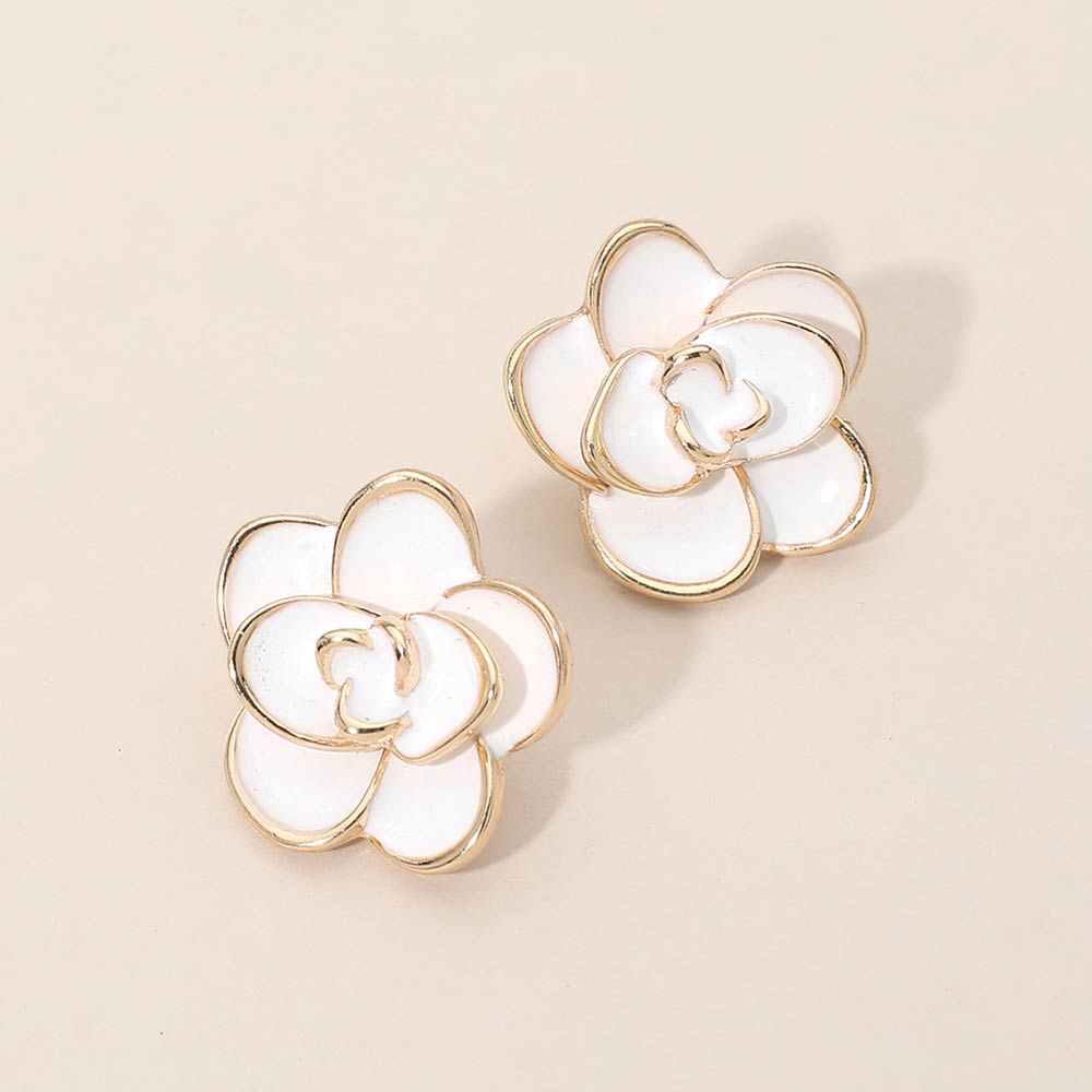 Camellia Flower Stud Earrings in Gold & White