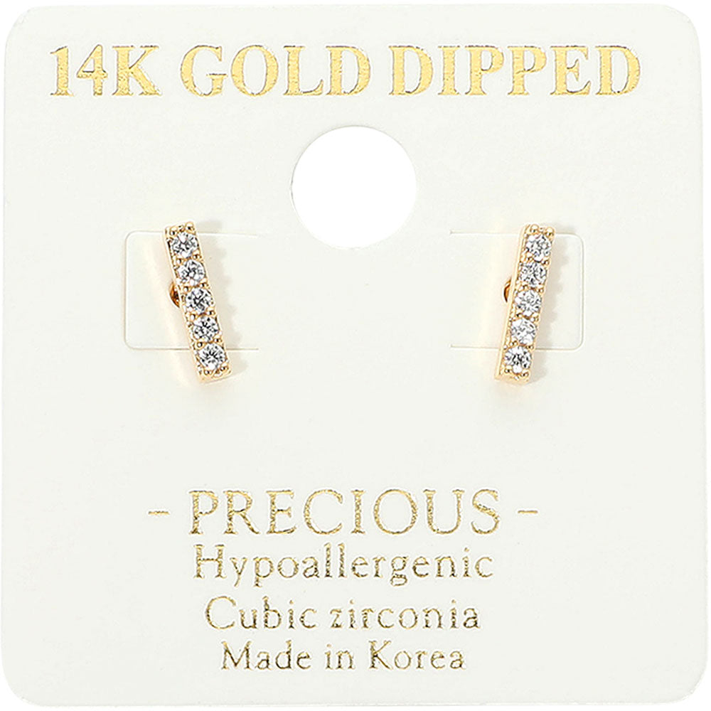 14K Gold Dipped Hypoallergenic Minimalist CZ Pave Bar Mini Stud Earrings in Gold
