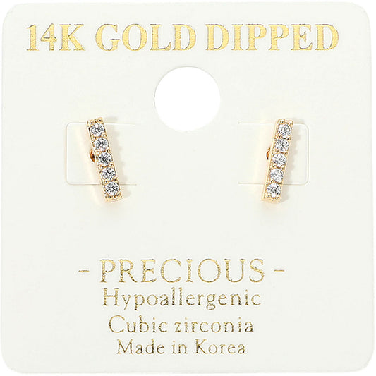 14K Gold Dipped Hypoallergenic Minimalist CZ Pave Bar Mini Stud Earrings in Gold