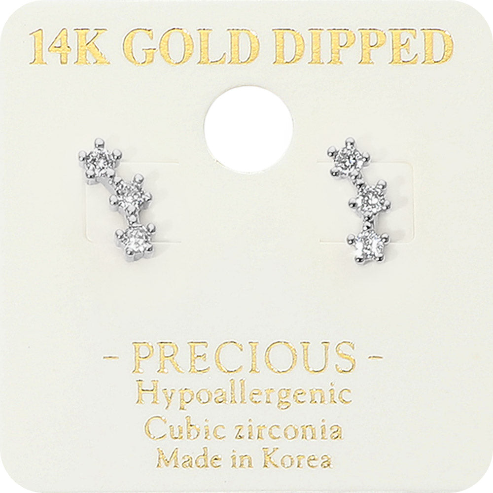 14K Gold Dipped Hypoallergenic Triple CZ Stone Stud Earrings in Rhodium