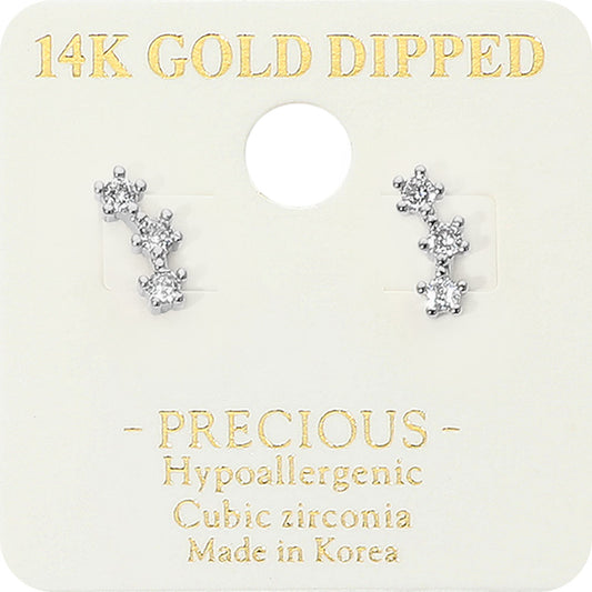 14K Gold Dipped Hypoallergenic Triple CZ Stone Stud Earrings in Rhodium