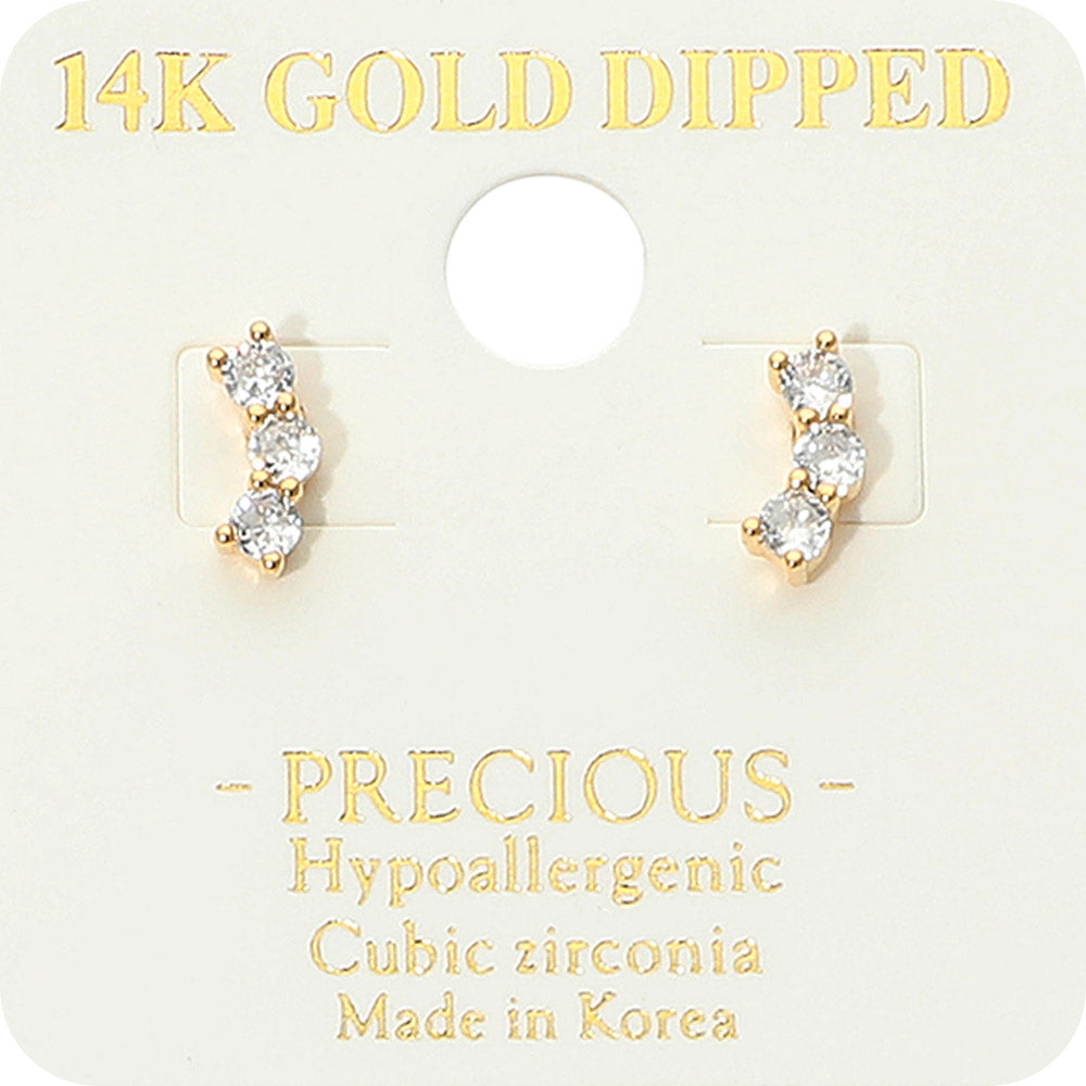14K Gold Dipped Hypoallergenic Triple CZ Stone Stud Earrings in Gold