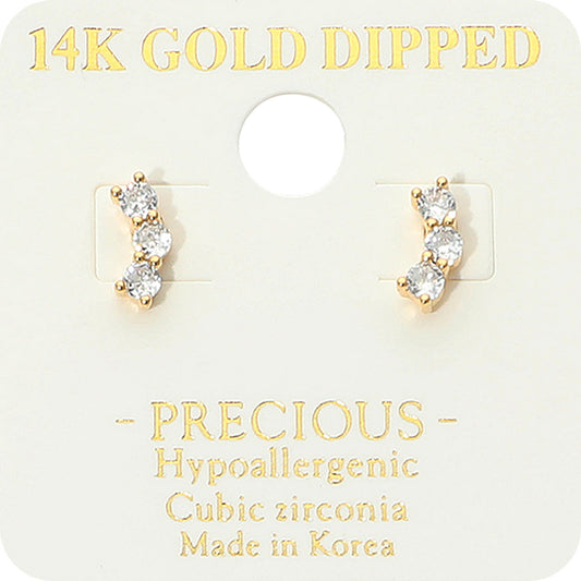 14K Gold Dipped Hypoallergenic Triple CZ Stone Stud Earrings in Gold