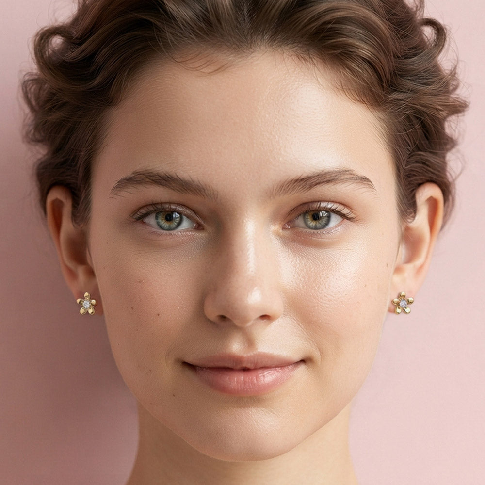 Gold Dipped Hypoallergenic CZ Pave Petite Floral Stud Earrings in Gold