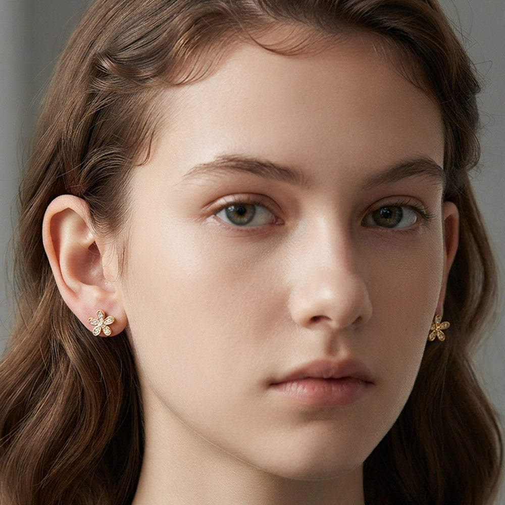 Gold Dipped Hypoallergenic CZ Pave Floral Stud Earrings