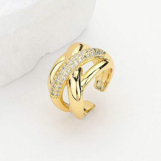 Stone Paved Brass Metal Crisscross Ring