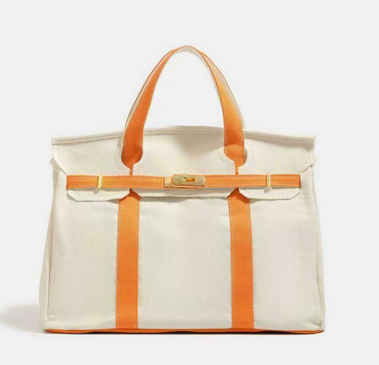 Handmade Premium Cotton Canvas Boat Bag White/ Orange