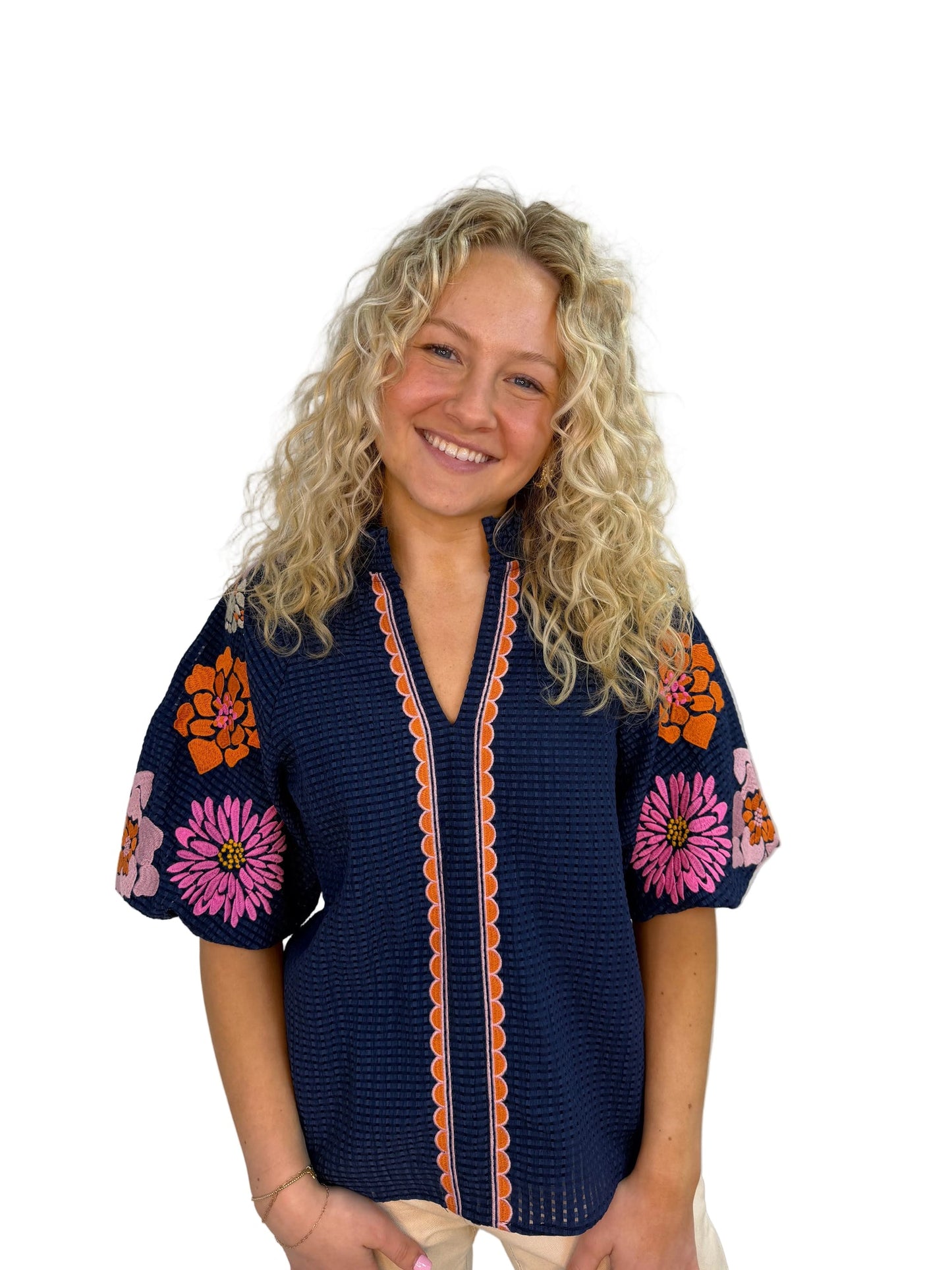 Floral Embroidery Puff Sleeve Textured Top in Navy