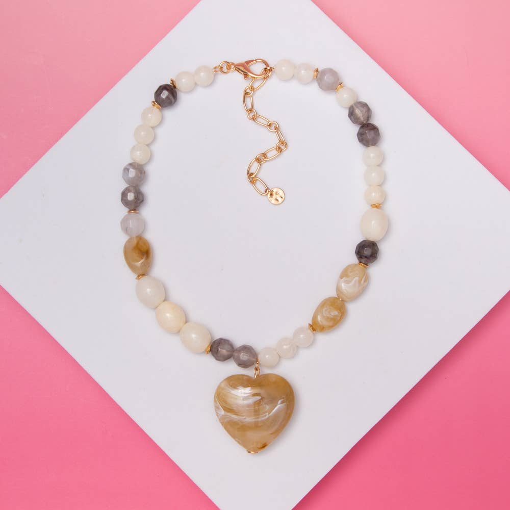 Marble Heart Pendant Pastel Bead Necklace: Neutral