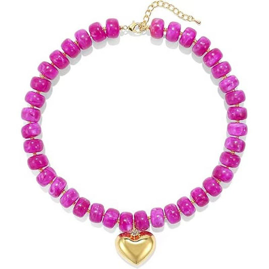 Colorful Resin Bead Necklace with Gold Heart-Shaped Pendant: Color_11 / M