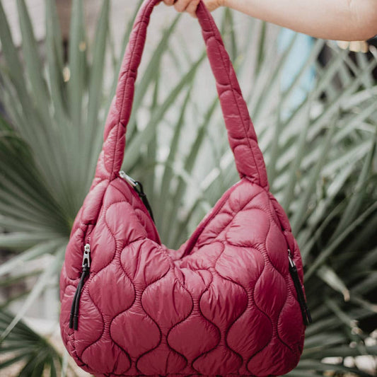 Maroon Wave Quilted Hobo Tote Bag: Maroon