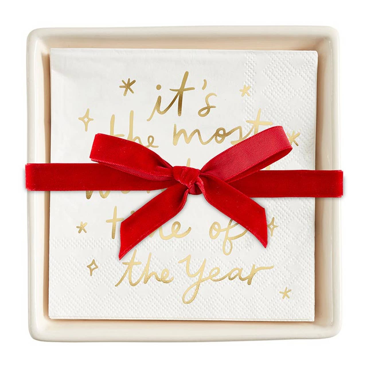 Ceramic Napkin Tray + Napkins - The Most Wonderful Time: Ceramic, Paper, Ribbon