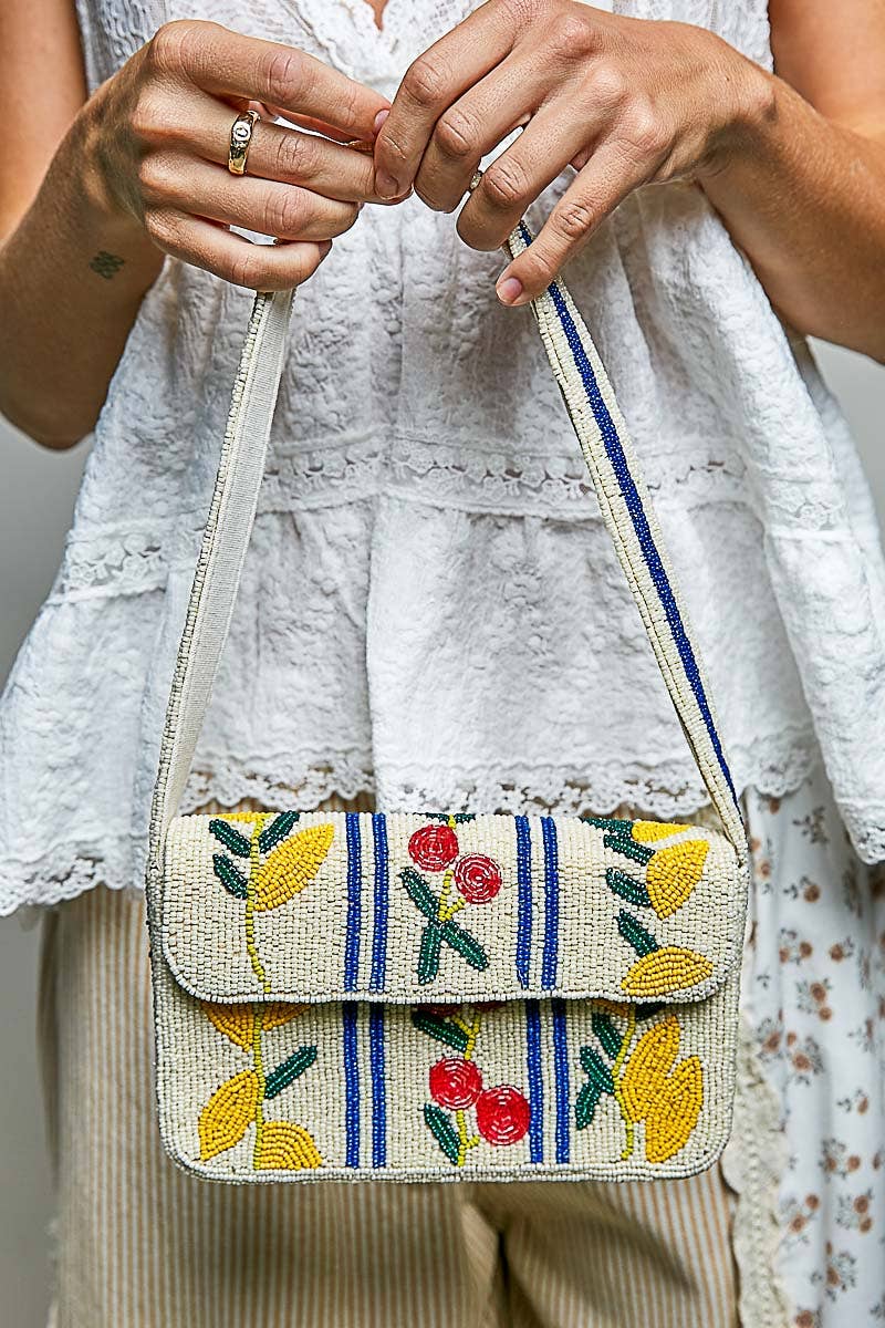 Beaded Cherry Pattern Flap Shoulder Bag: IVORY MULTI / OS