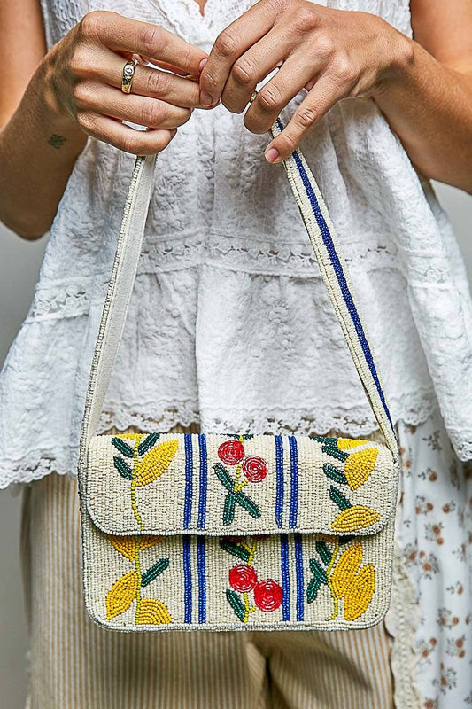 Beaded Cherry Pattern Flap Shoulder Bag: IVORY MULTI / OS