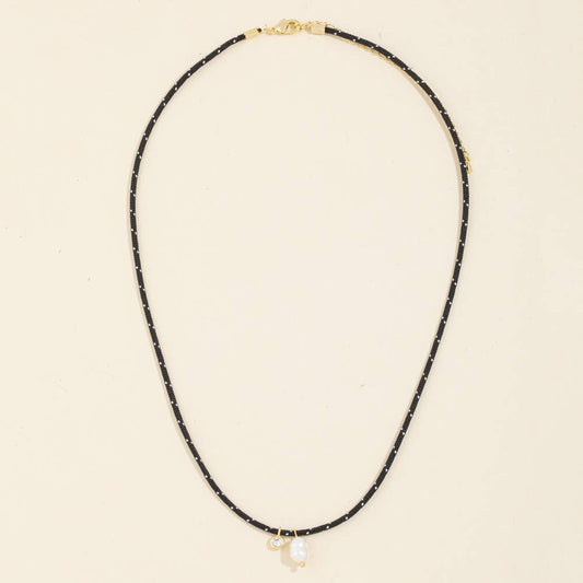 Cord Necklace With Bezel Cz And Pearl Drops: GDBLK