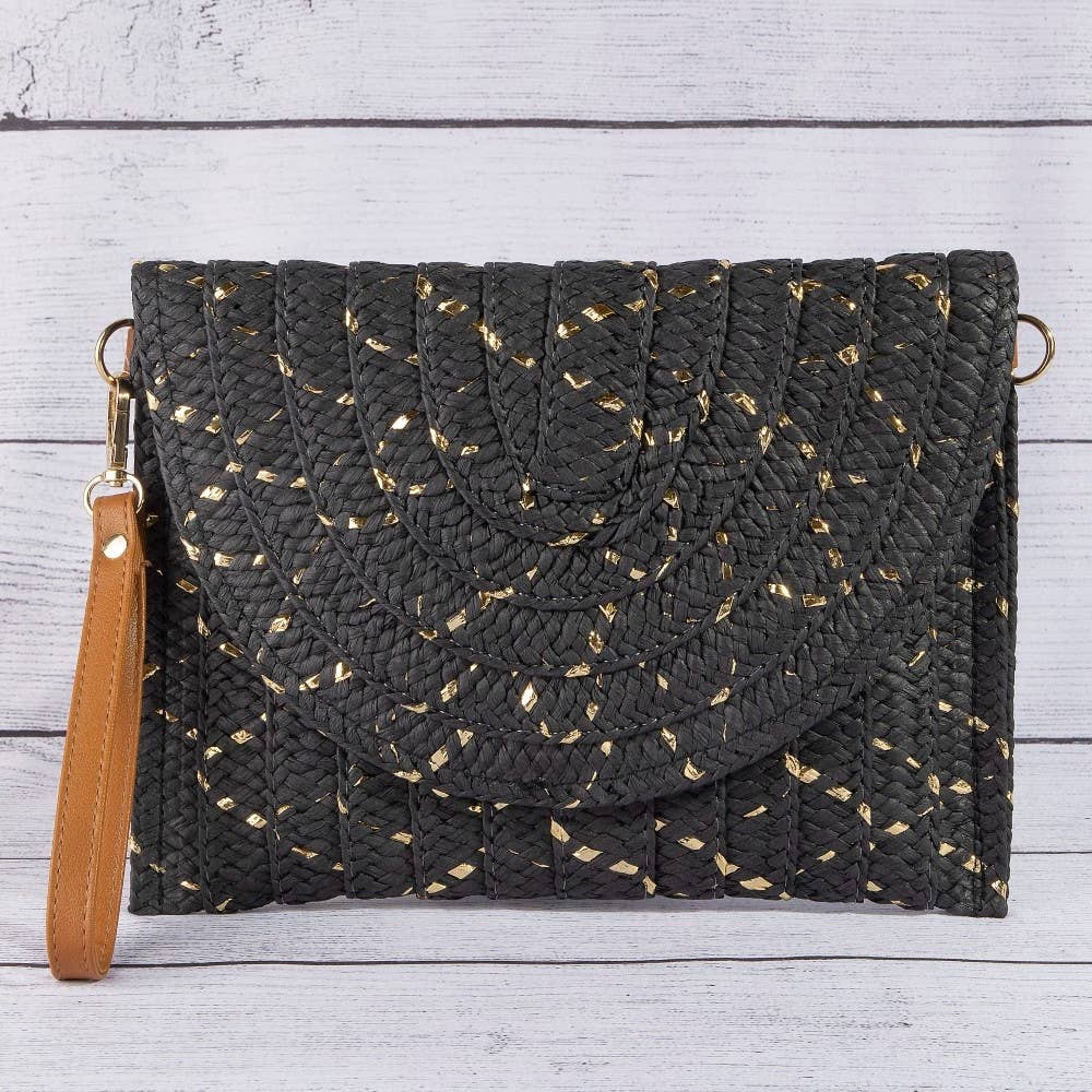 Straw Woven Gold Accents Clutch Bag: B
