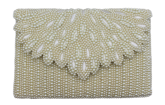 White Pearl Scallop Beaded Clutch