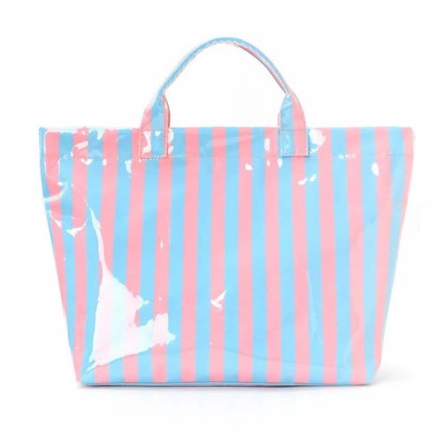 Large Striped Vinyl Tote Bags | Blue Pink