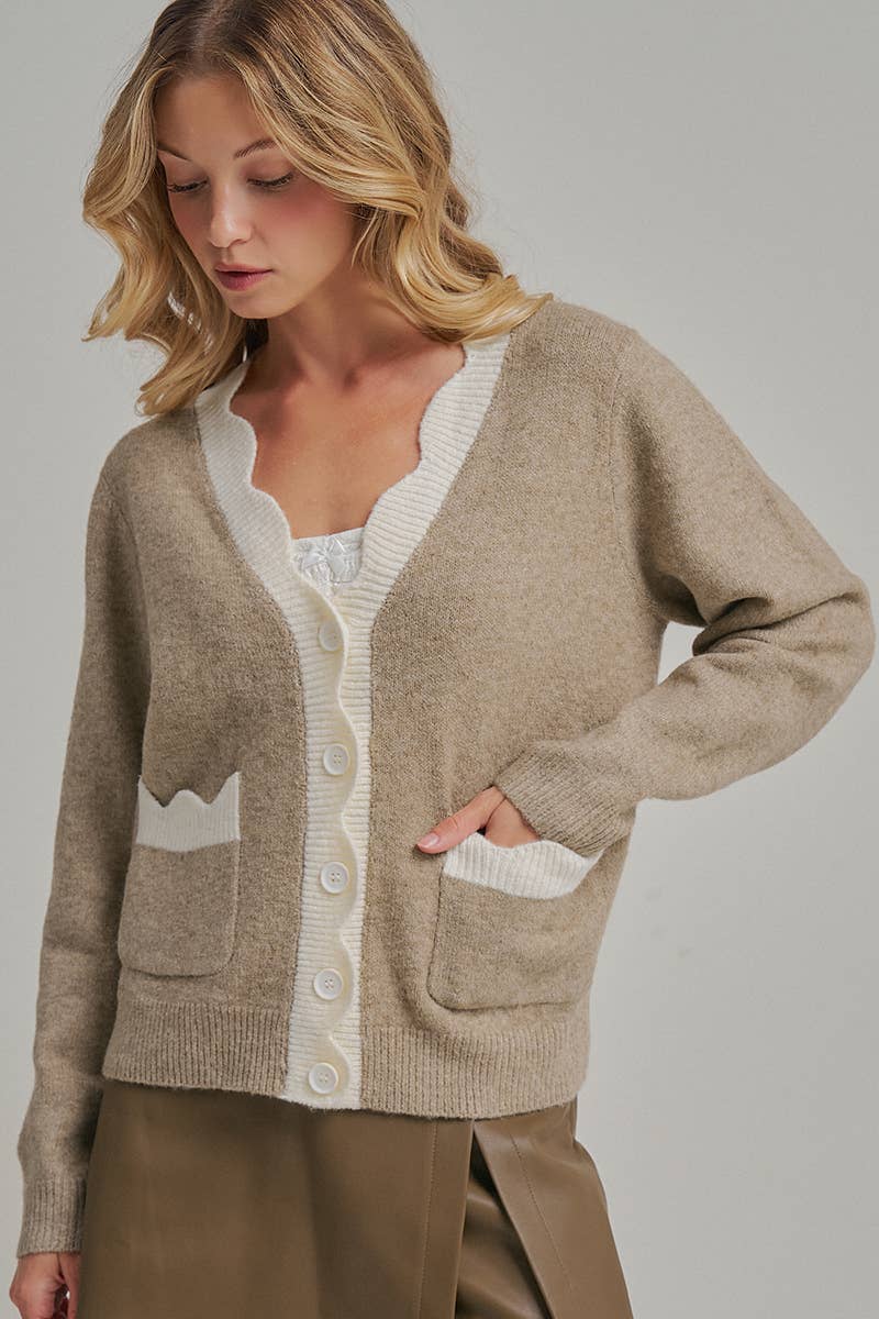 Soft Touch Button Down Sweater Cardigan: Taupe/Ivory