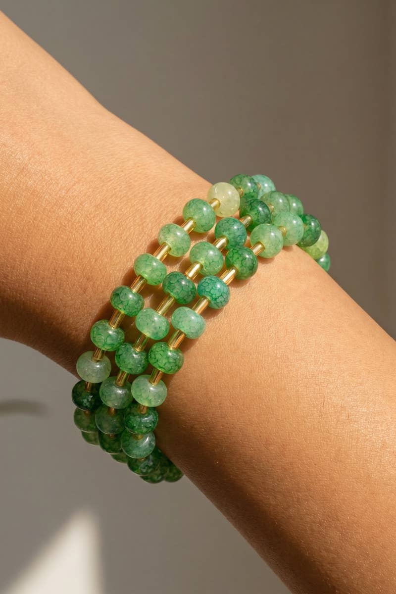 Marbled Stone Stretch Beaded Bracelet: GDGRN