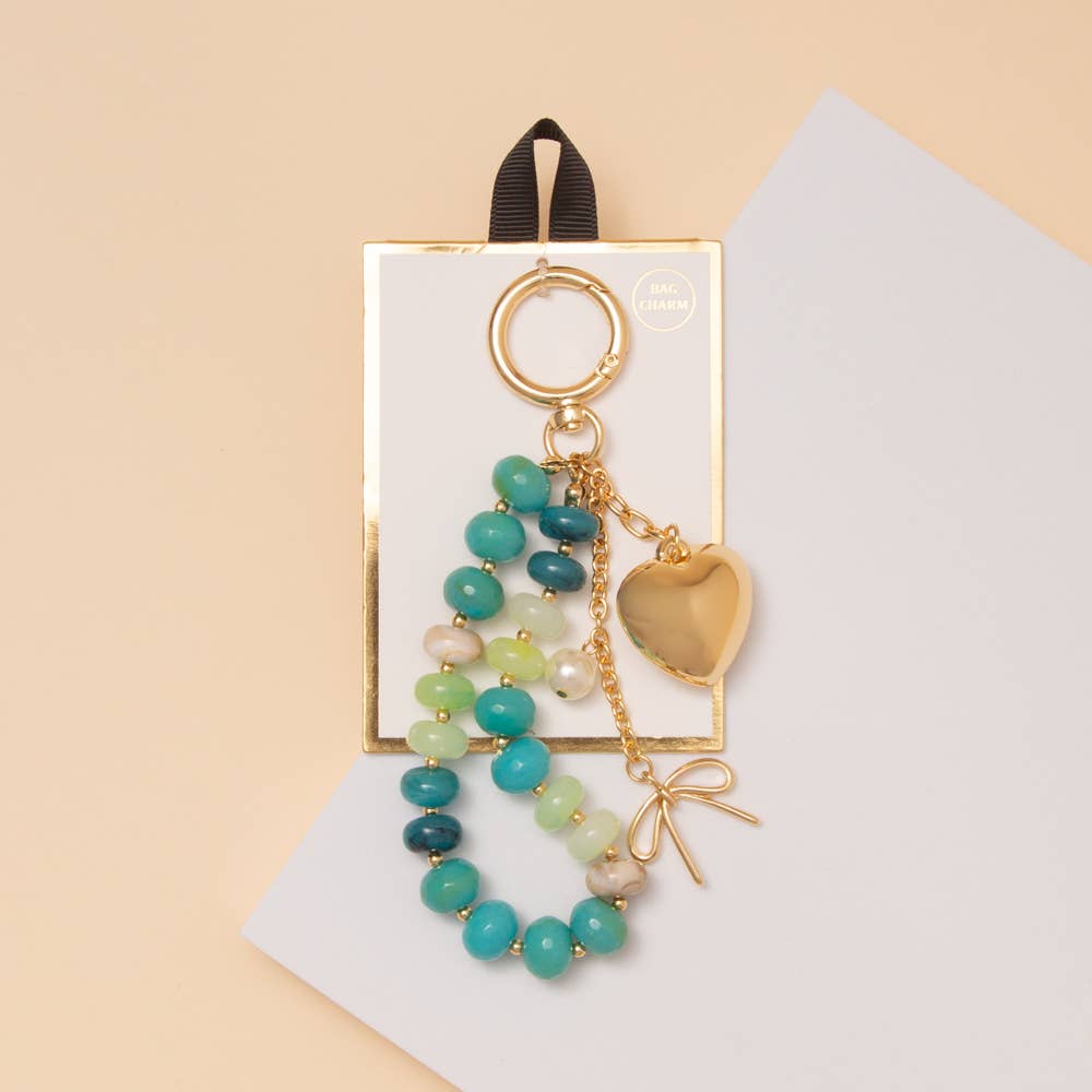 Heart Charm Beaded Bag Charm Keychain with Pearl and Bow : Turquoise