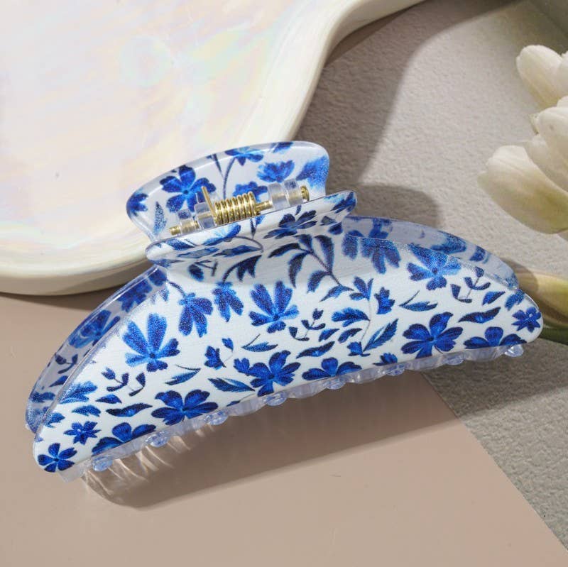 Floral Print Hair Claw Clips | Blue