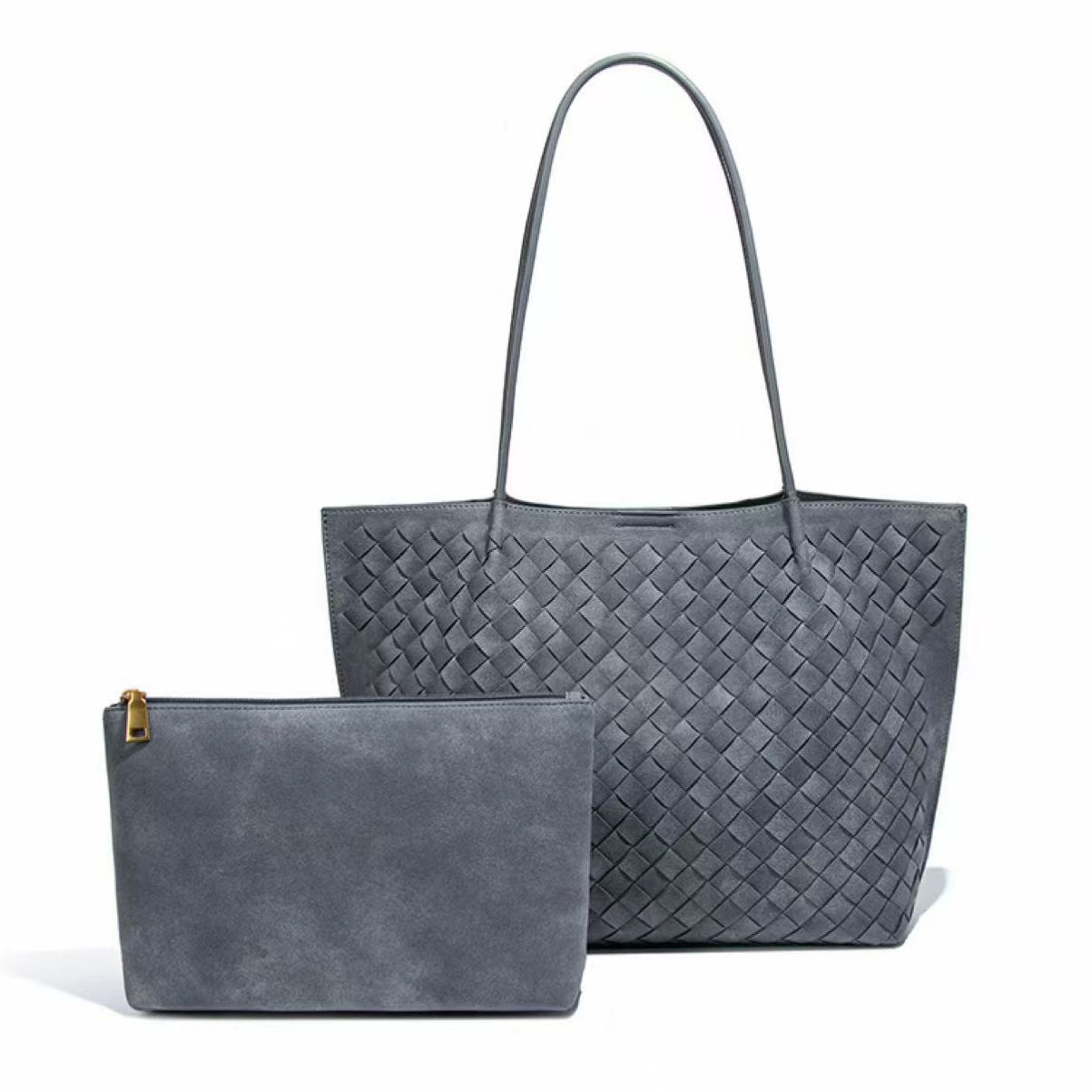 Suede-Like Woven Microfiber Leather Tote Bag W/Pouch:  Grey